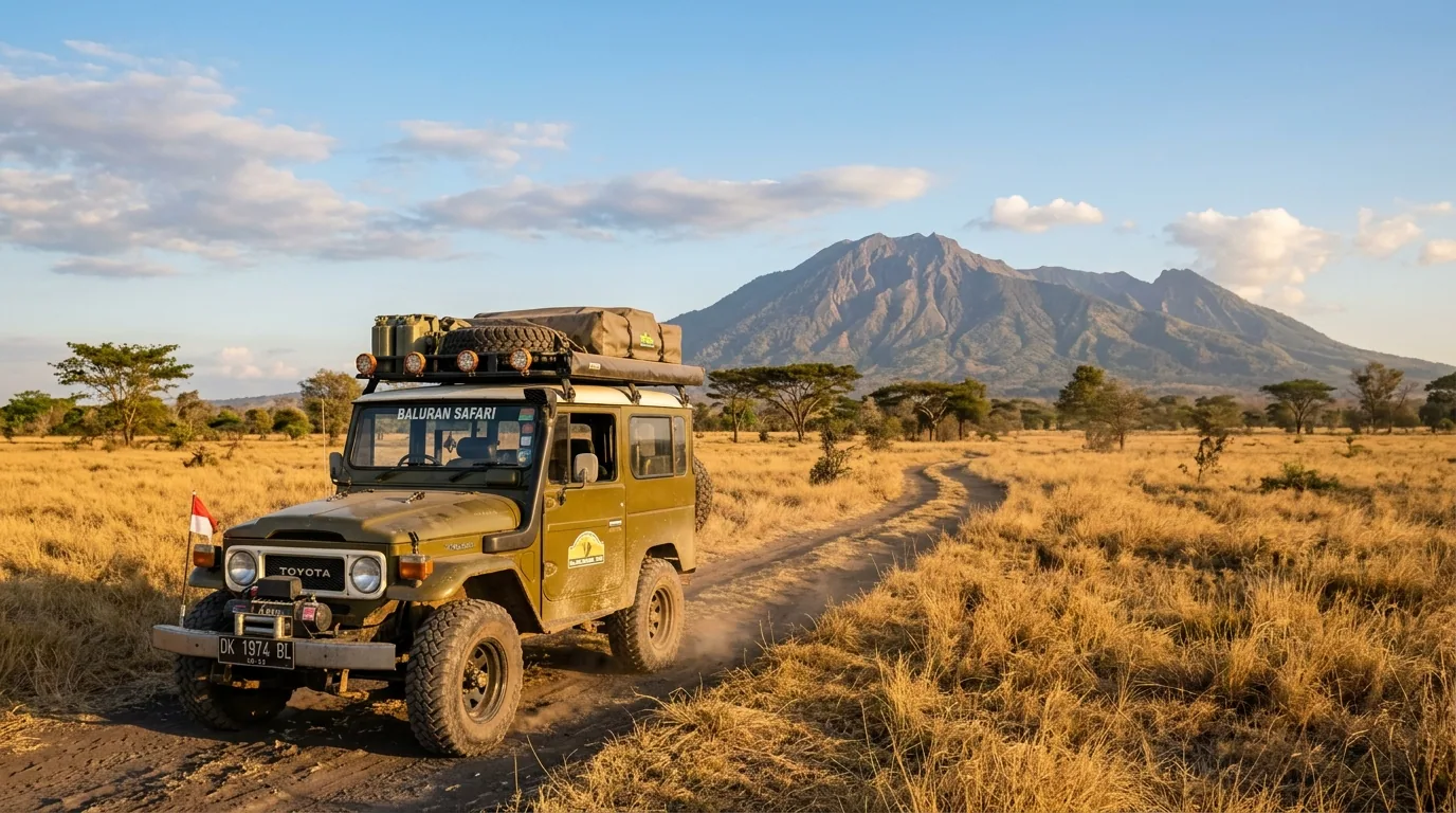 Latar Belakang Wisatawan Menikmati Sunset Savana Baluran